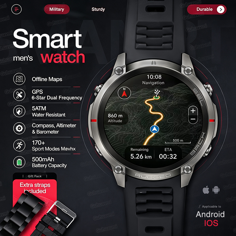 Smartwatch Rugged Watches For Men - YENI Sağlam Askeri GPS Çevrimdışı Harita
