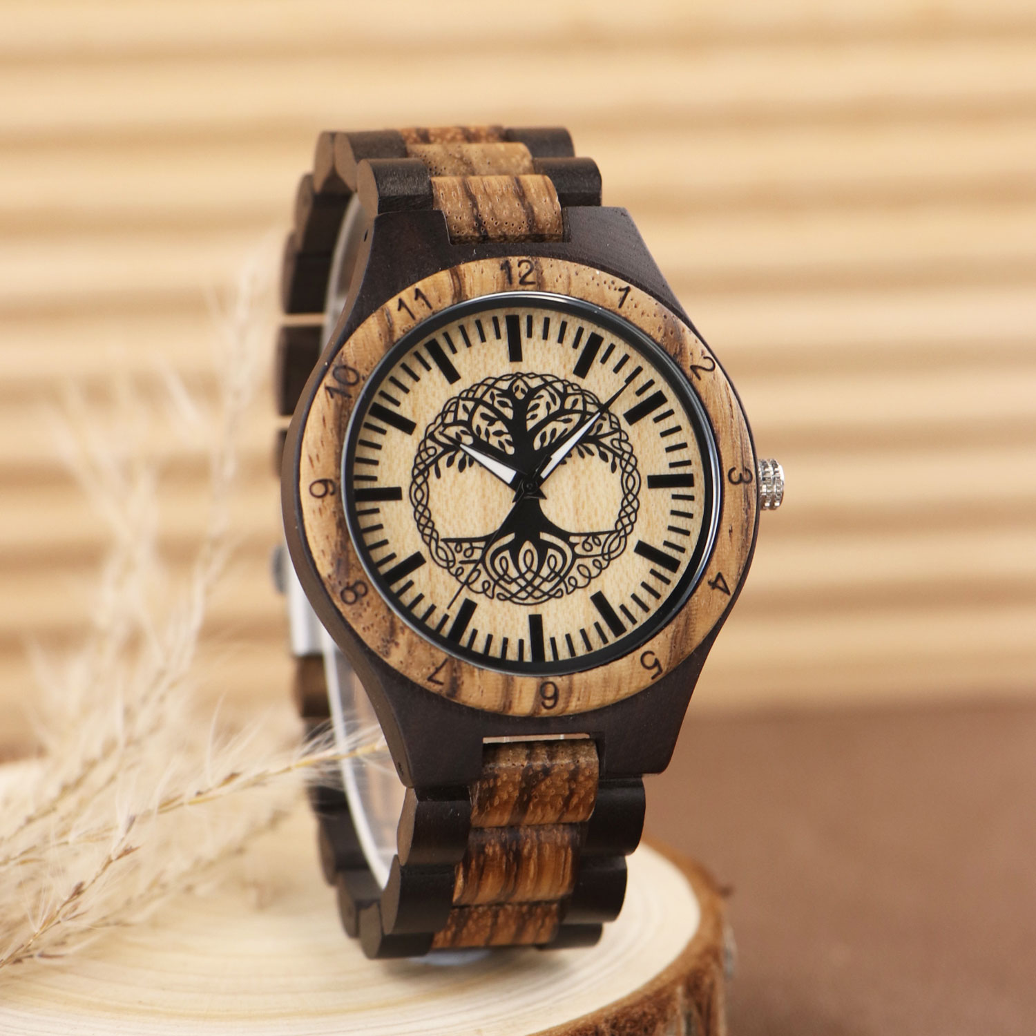 Smartwatch Casual Watches For Men - Erkekler için Hayat Ağacı Oymalı Ahşap